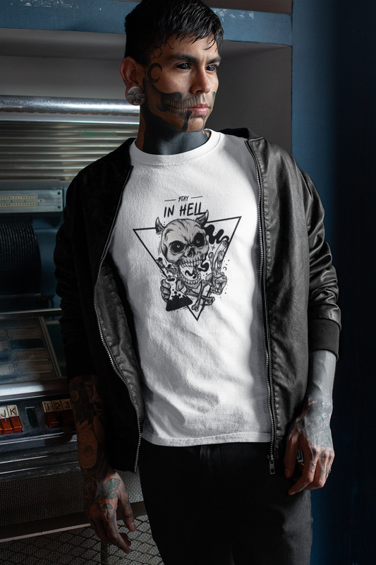 Asian goth man with tattoos wearing a Stay In Hell Skull White Unisex Heavy Cotton T-Shirt - Articalist.com