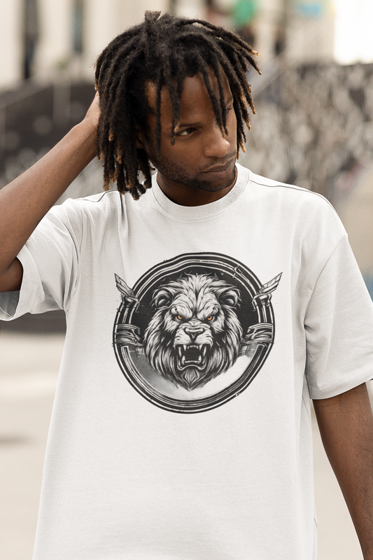 Black Man With Dreads wearing a White Circle Lion Unisex Heavy Cotton T-Shirt - Articalist.com