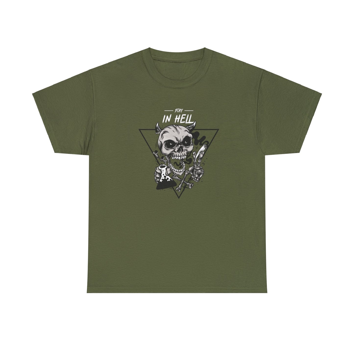 Stay In Hell Skull Military Green Unisex Heavy Cotton T-Shirt - Articalist.com