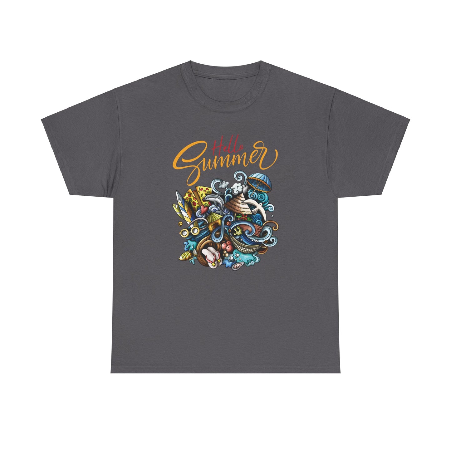 Hello Summer Charcoal Unisex Heavy Cotton Graphic T-Shirt - Articalist.com