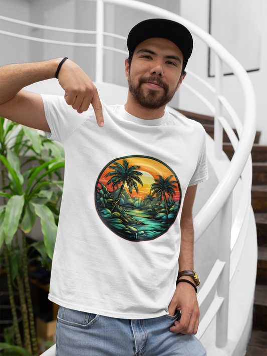 Man with beard and baseball cap wearing a Island Escape Circle White Unisex Heavy Cotton T-Shirt - Articalist.com