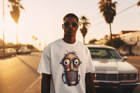 Black Man standing in front of a car wearing a white Mic Muncher Unisex Heavy Cotton T-Shirt - Articalist.com