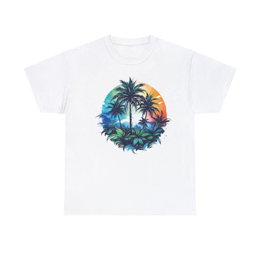 Tropical Oasis Circle White Unisex Heavy Cotton T-Shirt - Articalist.com